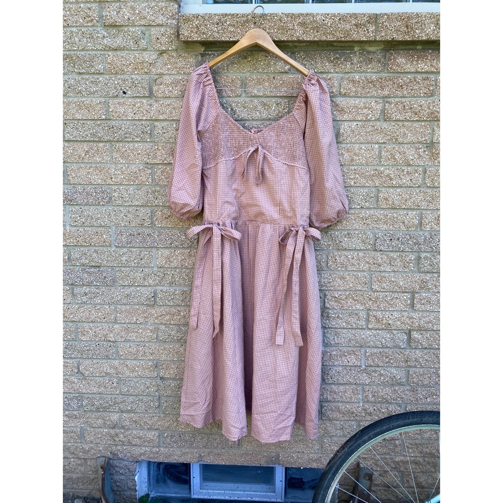 Gingham Milkmaid Smocked Maxi Dress Large Pink Cottagecore Romantic Prairie Boho - Picture 3 of 7